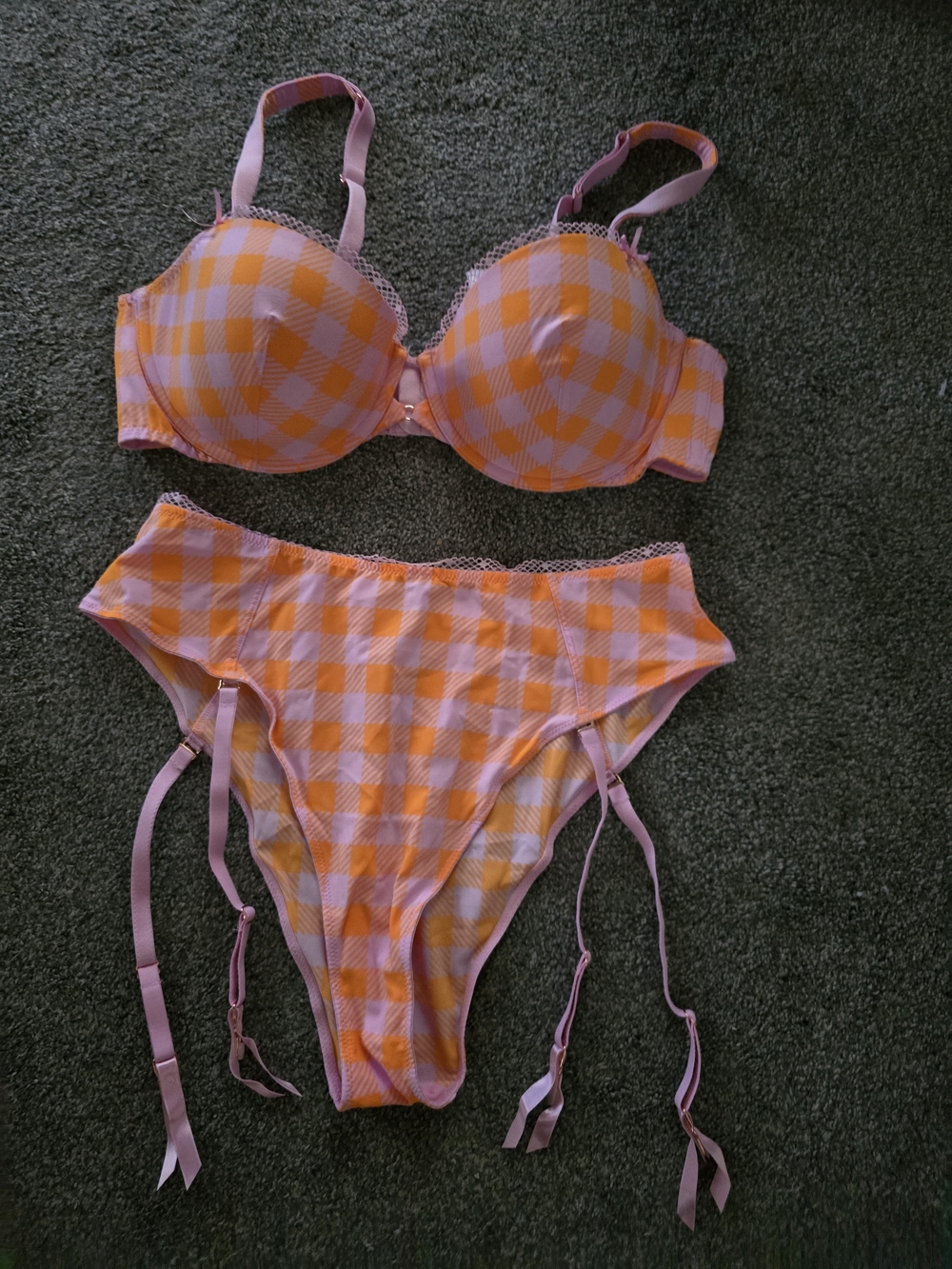 Savage X Fenty Pink and Orange Gingham Push-Up Bra & Garter Brief Set